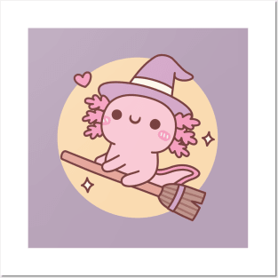 Cute Axolotl Witch Flying On A Broom Over The Moon Posters and Art